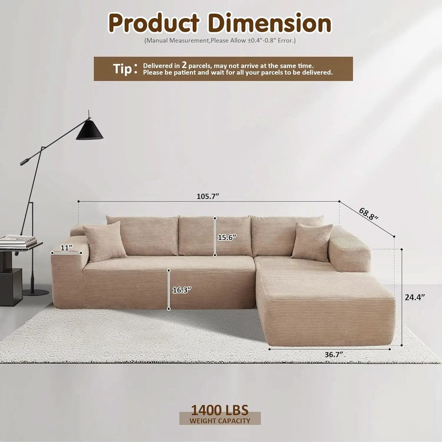 104 Inch Cloud Sectional Couch With L Shaped Chaise Modern Modular Sofa In Camel Corduroy Fabric from PriceLows™