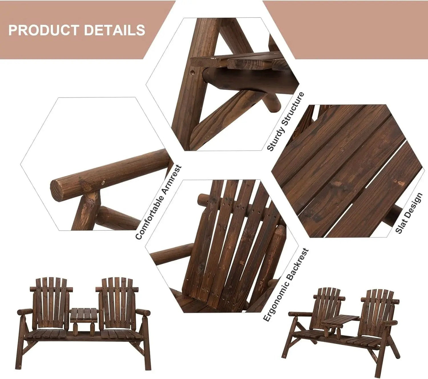 Two-Seat Wooden Adirondack Chair With Integrated Table from PriceLows™