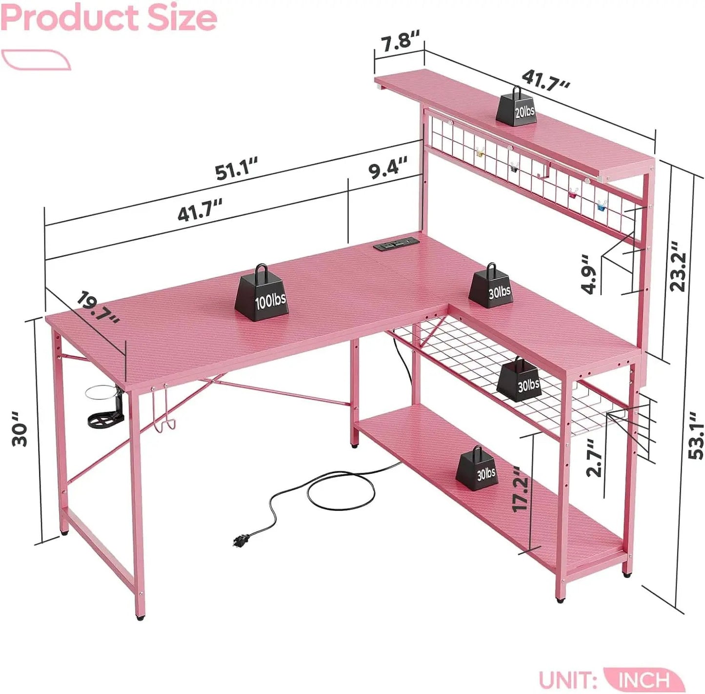 51 Inch L Shaped Gaming Desk Pink With Power Outlets And LED Lights from PriceLows™