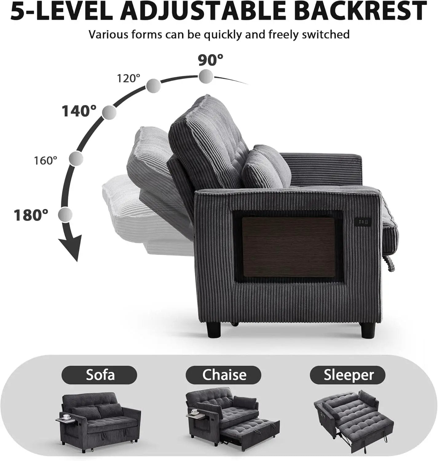 55Inch Convertible Sleeper Sofa With USBPort Corduroy from PriceLows™
