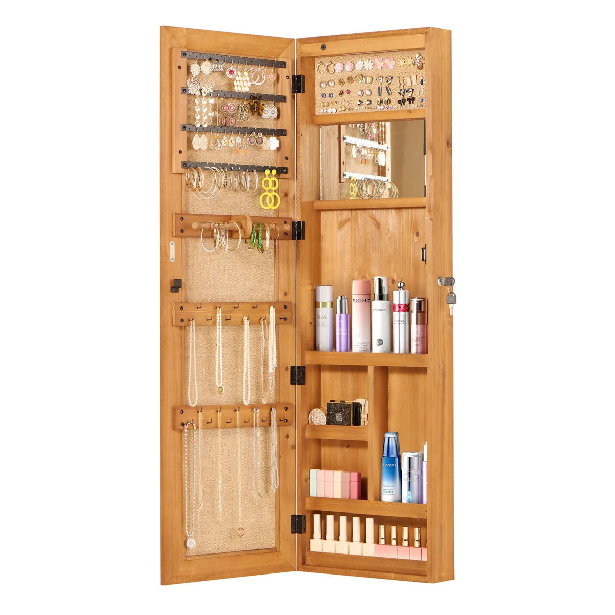 Jewelry Armoire With Full Length Mirror | Lockable Wall Mounted Cabinet | LED Light | Over The Door Use