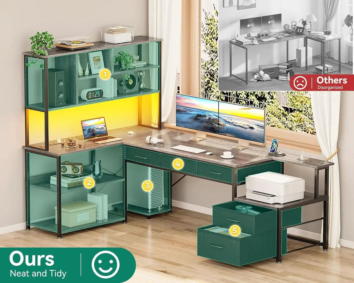 79 Inch L Shaped Desk With LED Lights Power Outlets from PriceLows™