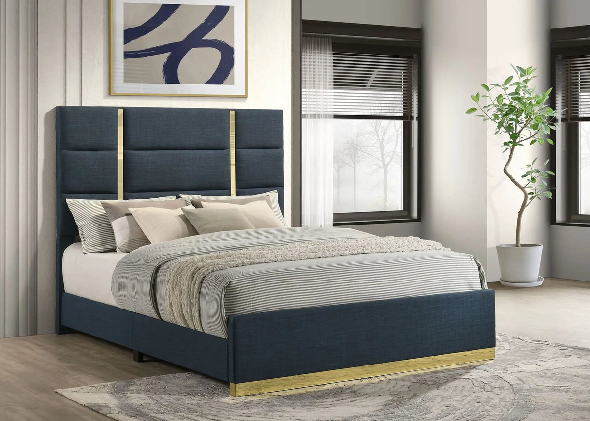 Ines 56-inch Fabric Upholstered Queen Panel Bed | 64.25 x 87.25 x 56.25 in | Fabric & Acrylic | Navy