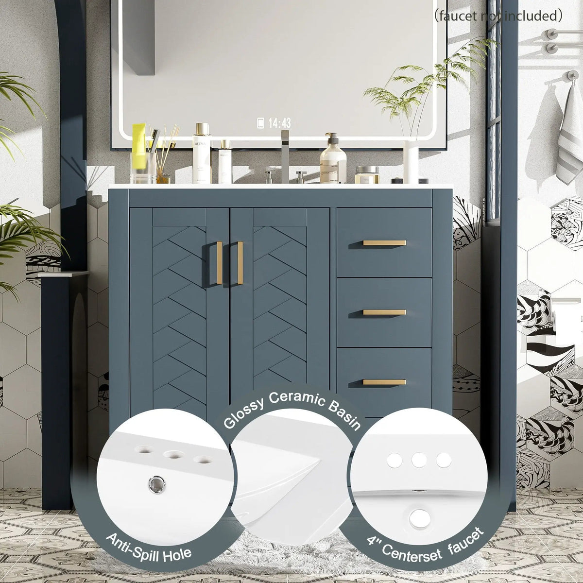 36 Inch Bathroom Vanity | Ceramic Sink Combo | 3 Drawers | Soft Closing Doors