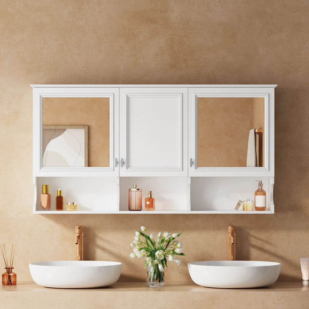 Wall-Mounted Mirror Medicine Cabinet With Adjustable Shelf And Open Shelves | 55 x 7.3 x 28.7 in | Solid Wood | White