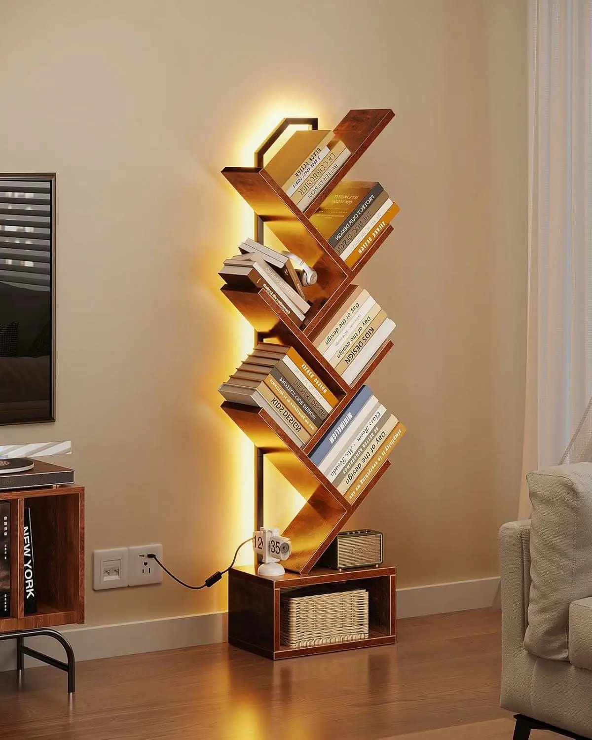 Six Tier Tree Bookshelf With LED Lights Narrow Floorstanding from PriceLows™