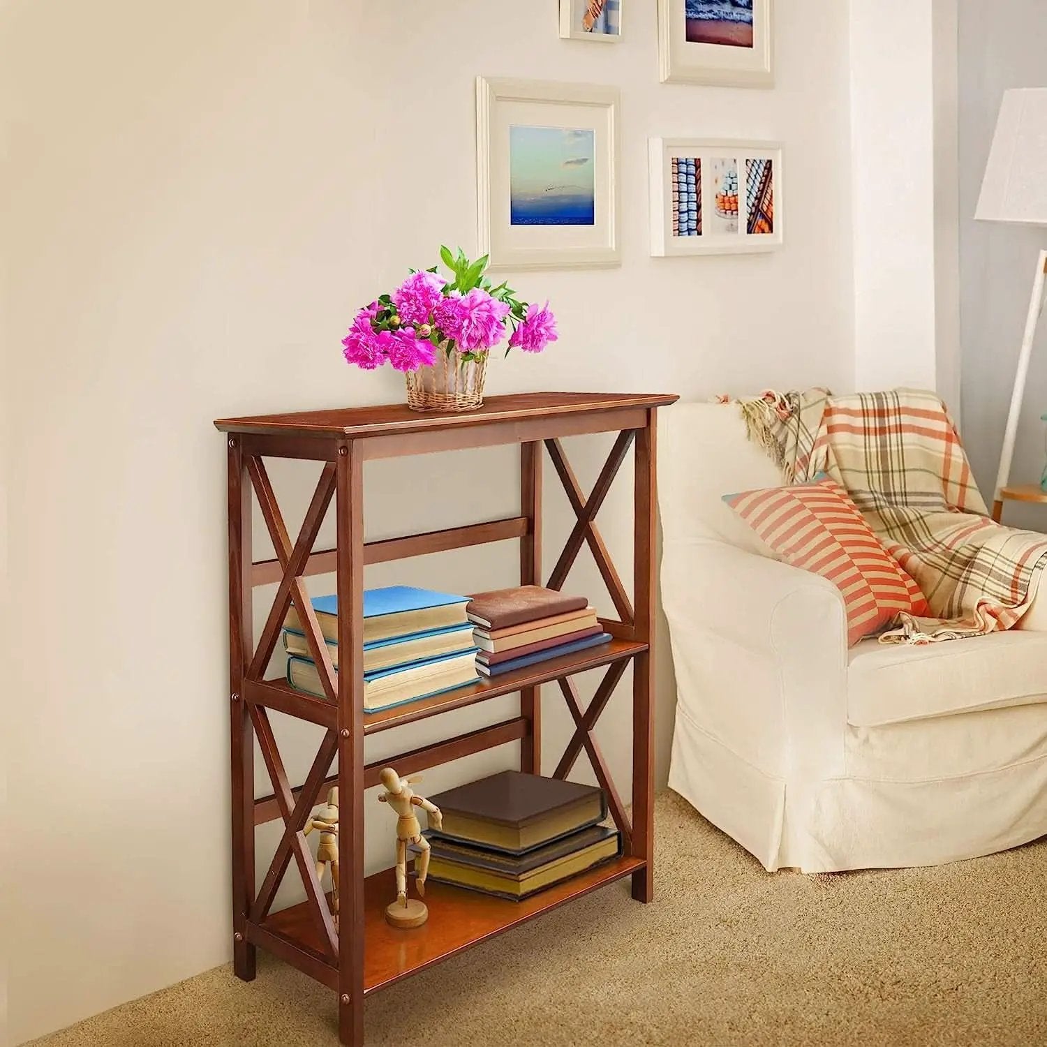 Shelf Bookcase With X Design Three Shelf Storage For Books from PriceLows™