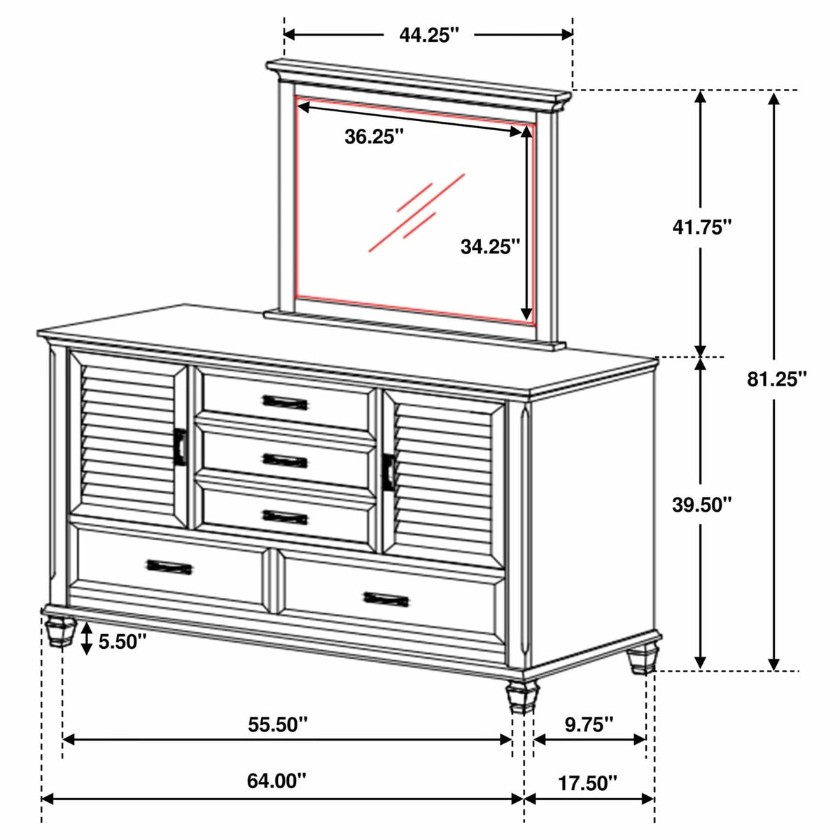 Franco 5-drawer Dresser with Mirror Distressed | 64 x 17.5 x 81.25 in | 5-Drawer | White