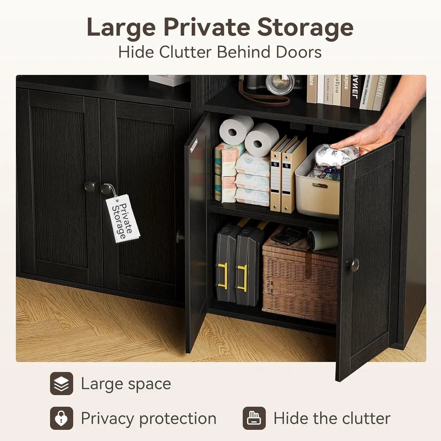 Black Six Tier Floor Standing Bookshelf With Doors from PriceLows™
