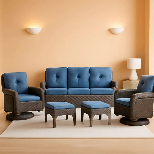 Six Piece Patio Conversation Set Brown Wicker Blue Cushions from PriceLows™