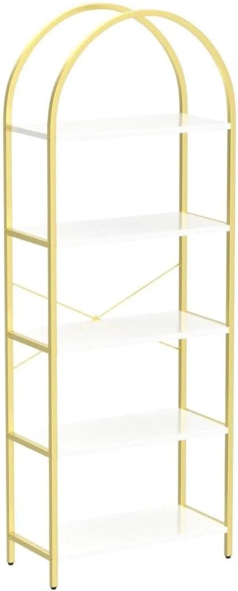 5 Tier Bookshelf Arched Display White Gold Metal Frame Bookcase from PriceLows™