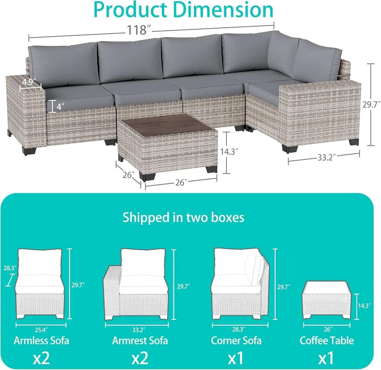 6-Piece Outdoor Wicker Patio Set With Grey Cushions from PriceLows™