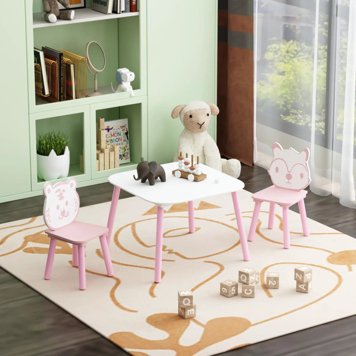 Table And Chair Set, 3 Piece Wooden Toddler Desk With Animal Backrest Pink / | 3-Piece Set | Mdf | White