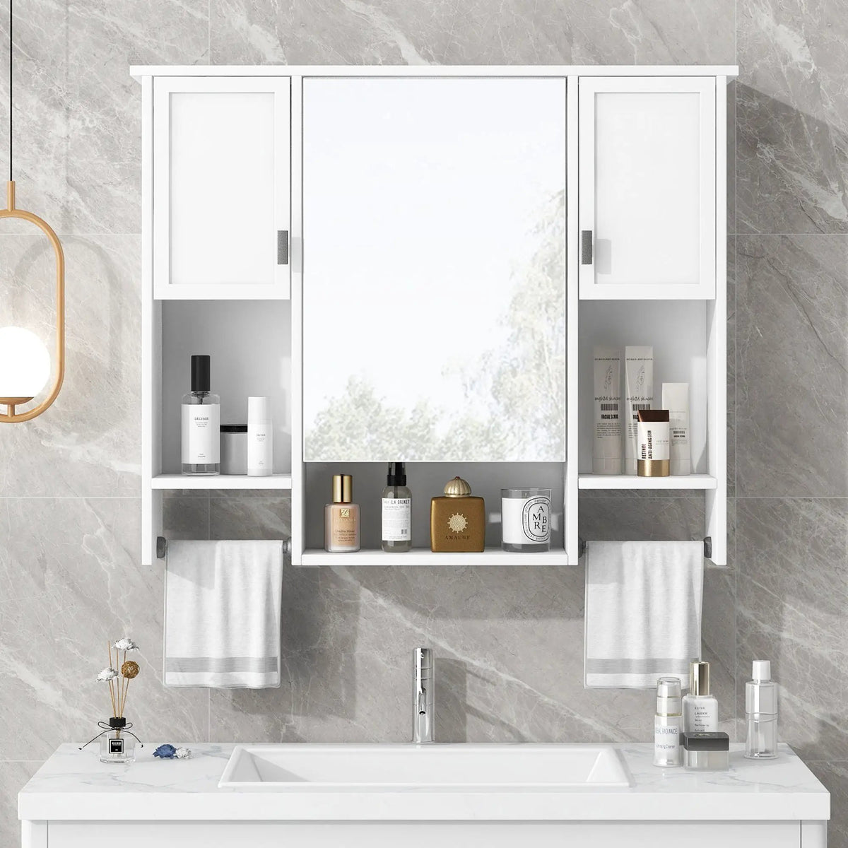 Wall Mounted Bathroom Cabinet With Mirror | Towel Bar | Closed Cabinets And Open Shelves | 35 Inch Width
