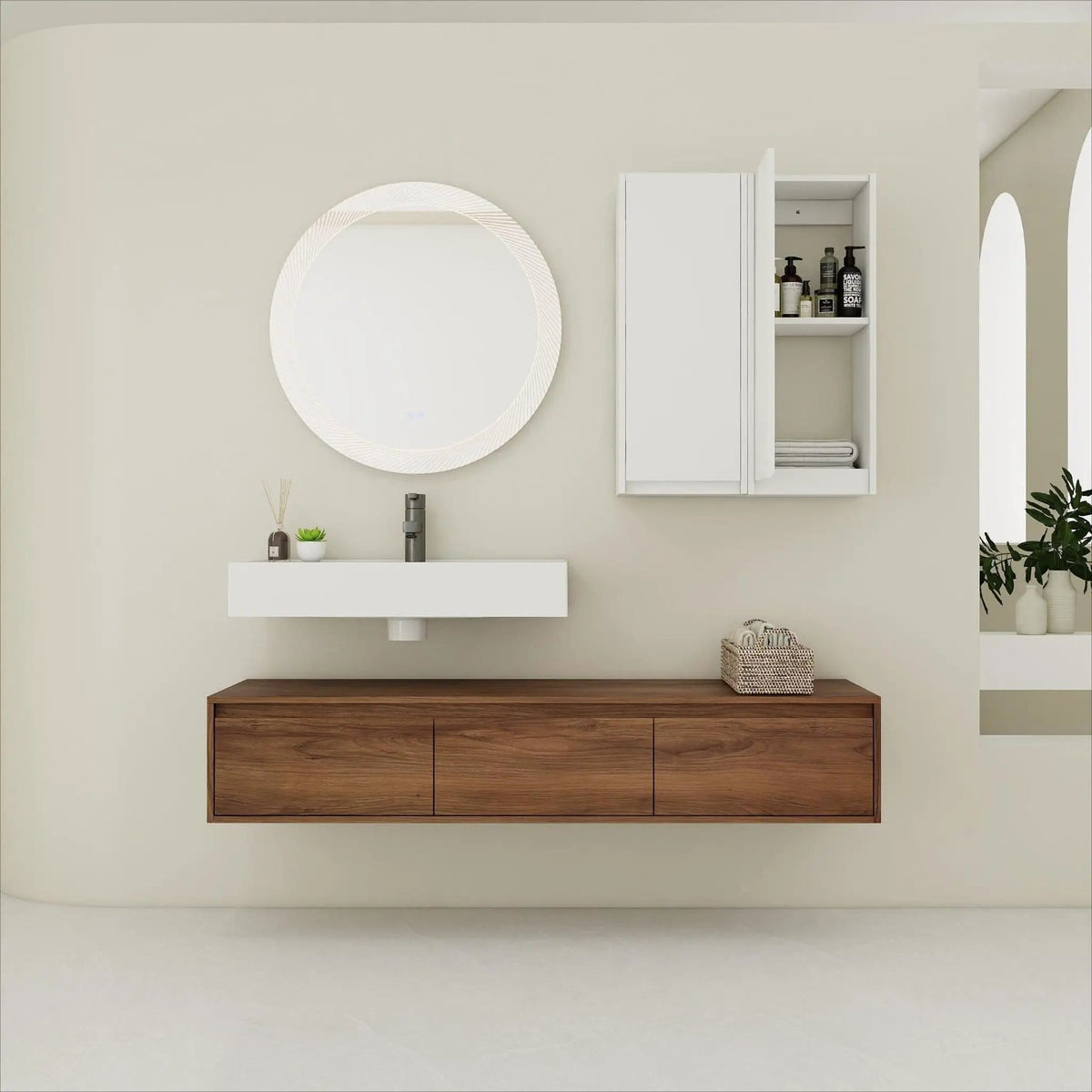Wall Mounted Bathroom Vanity With Resin Sink And 2 Side Cabinet, 3 Soft Close Drawer | 58.7 x 18.1 x 15.8 in | Plywood & Resin | Bathroom
