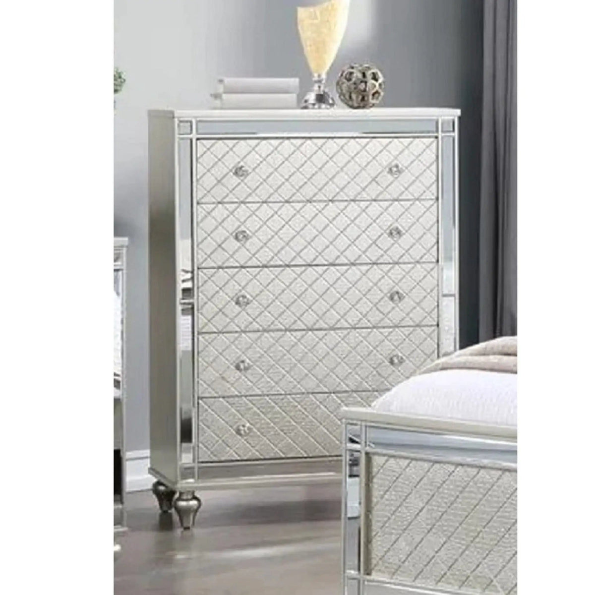 5 Drawer Bedroom Chest With Diamond Patterned Fronts - | 36 x 18.3 x 52 in | 5-Drawer | Silver