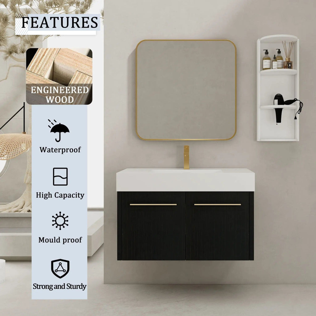 Modern Wall Mounted Bathroom Vanity With Thick Edge Resin Sink And Storage Rack | 3 Pieces | Stainless Steel & Plywood | Bathroom