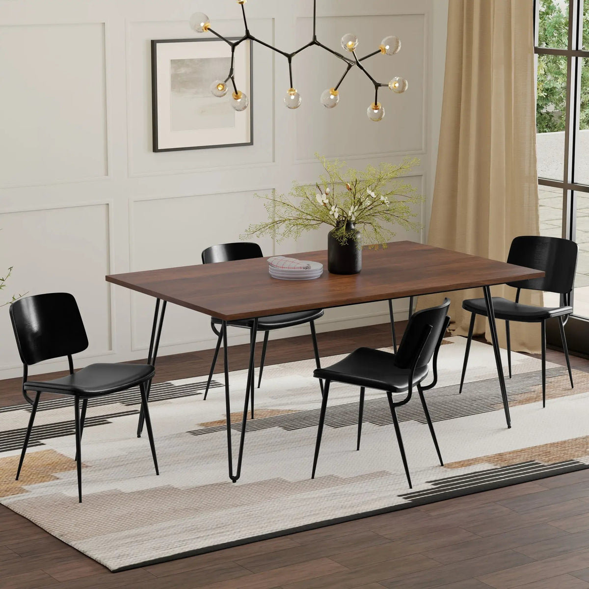 Hunter Dining Table | 66 Inch Width | Solid Mango Wood Top | Hairpin-Style Iron Base
