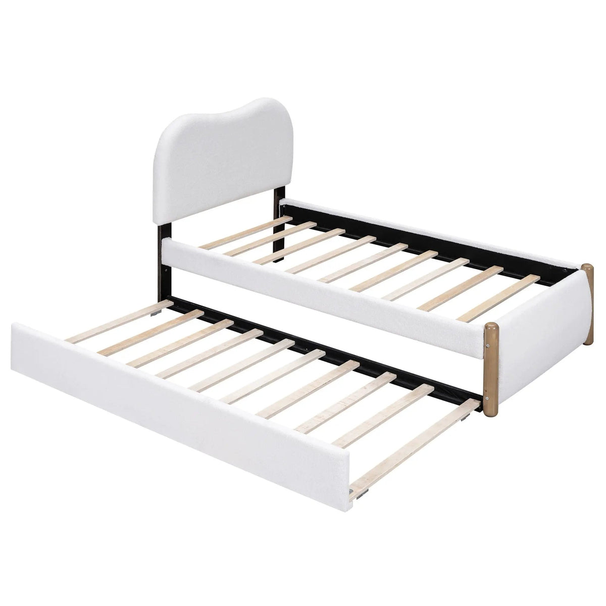 Upholstered Platform Bed | Trundle | Arc-Shaped Berber Fleece Headboard | Wood Supporting Feet