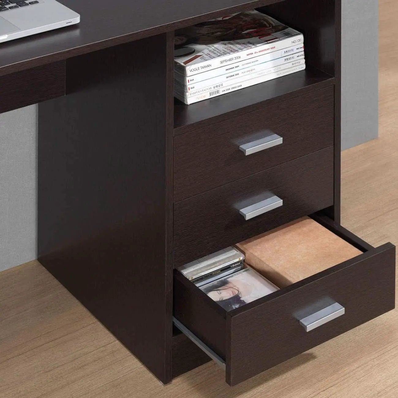 Wenge Computer Desk With 3 Drawers And Side Storage Shelf from PriceLows™