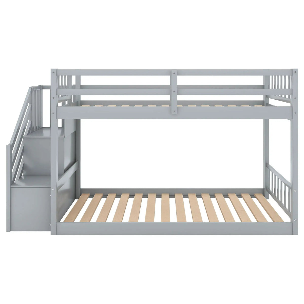 Floor Bunk Bed | Dual Guardrails | Ladder Storage | Twin Over Twin