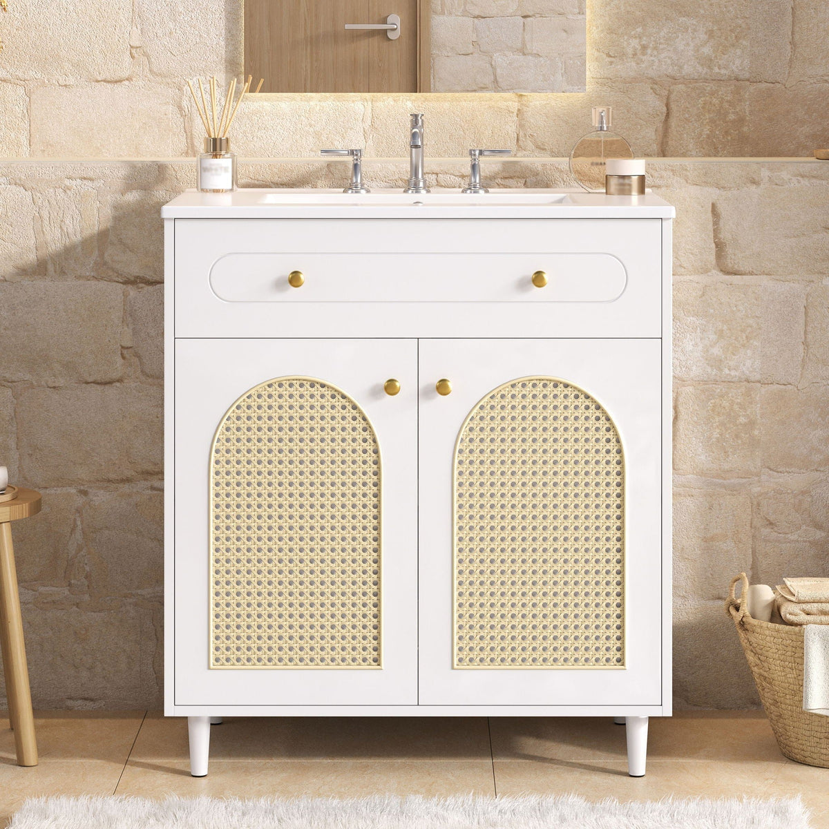 Modern Bathroom Vanity With Sink, Cabinet With Adjustable Shelf | 30 x 18.3 x 34 in | Solid Wood & Rattan | Bathroom