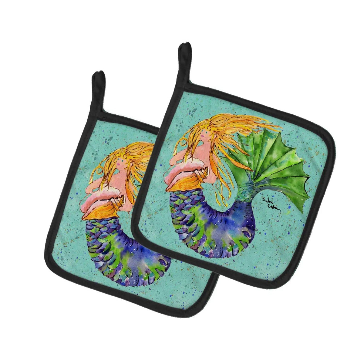 Pot Holder Set of 2 | Heat Resistant Quilted Hot Pads | 7.5 x 7.5 Inch | Blonde Mermaid on Teal