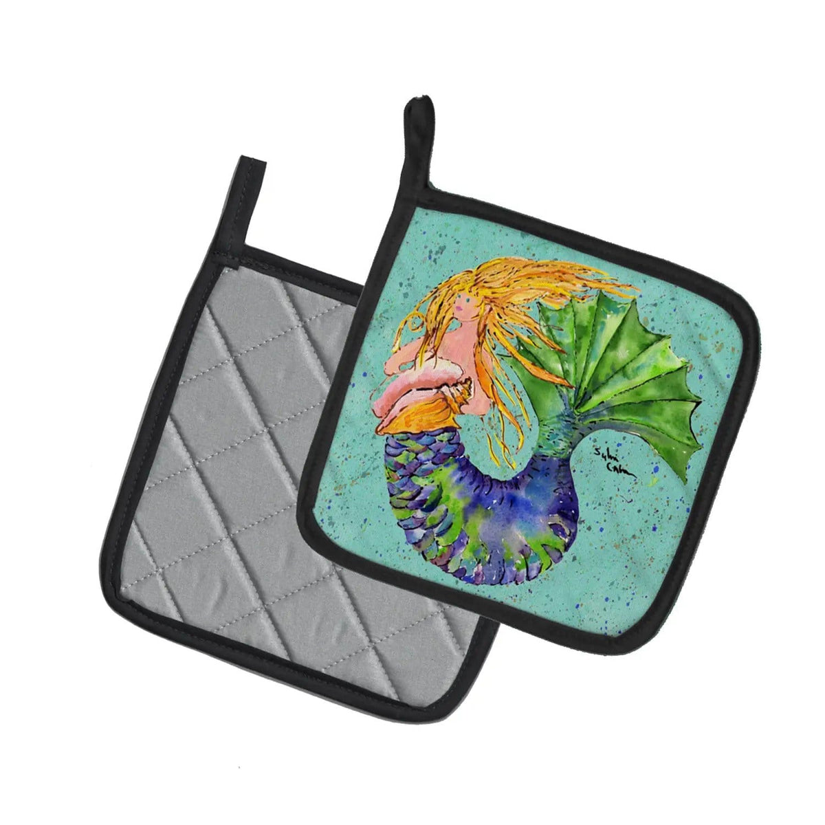 Pot Holder Set of 2 | Heat Resistant Quilted Hot Pads | 7.5 x 7.5 Inch | Blonde Mermaid on Teal