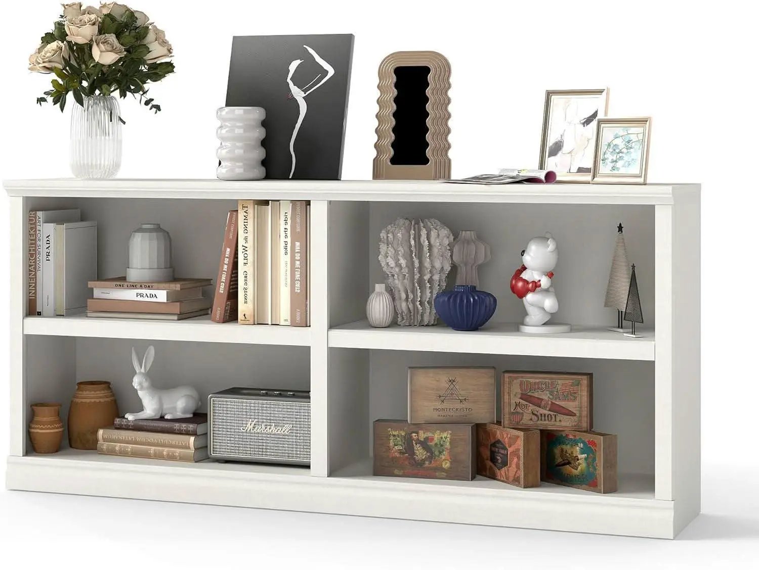 White Double Wide Bookshelf 64 Inch 2 Tier Storage Unit from PriceLows™