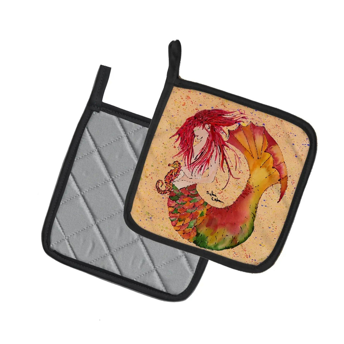 Pot Holder Set of 2 | Heat Resistant Quilted Hot Pads | 7.5 x 7.5 Inch | Red Headed Ginger Mermaid on Coral