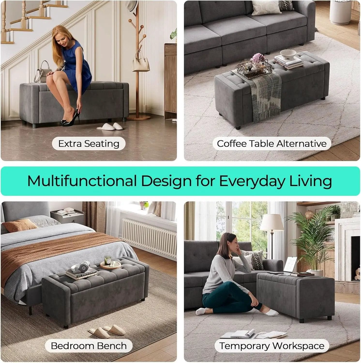 50 Inch Grey Luxurious Upholstered Storage Ottoman from PriceLows™