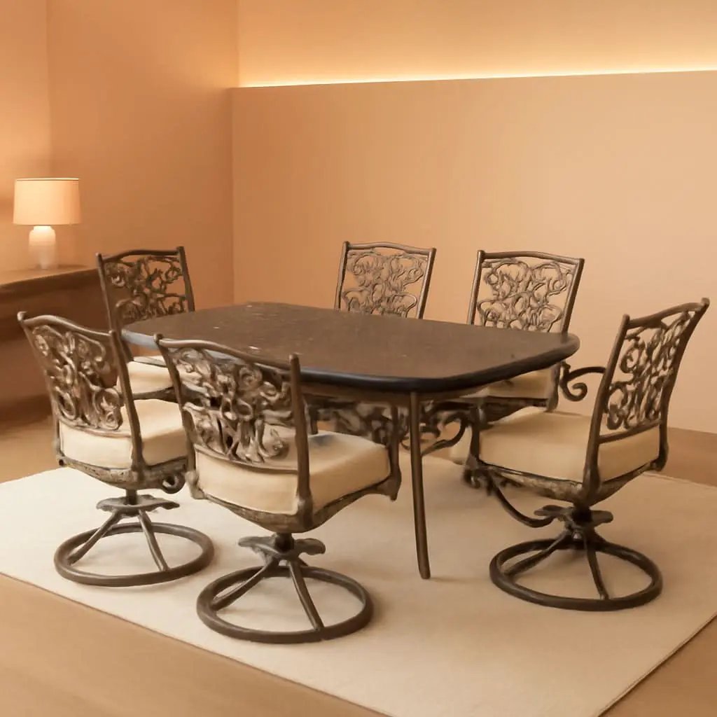 7 Piece Patio Dining Set 6 Swivel Chairs Tan Cushions 38x72 from PriceLows™