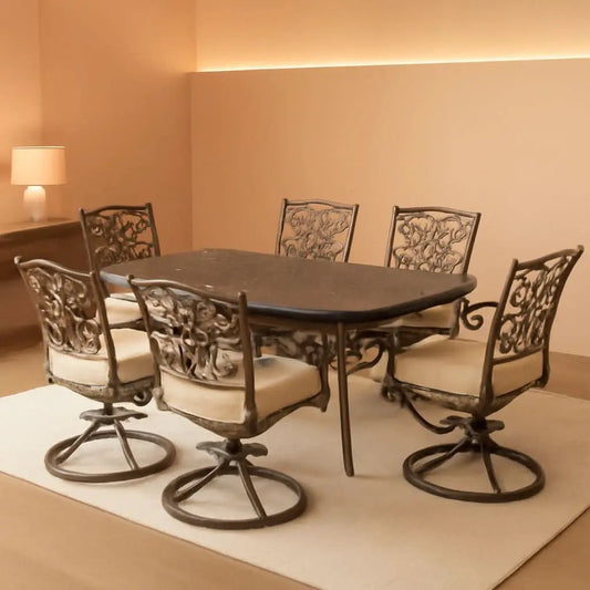 7 Piece Patio Dining Set 6 Swivel Chairs Tan Cushions 38x72 from PriceLows™