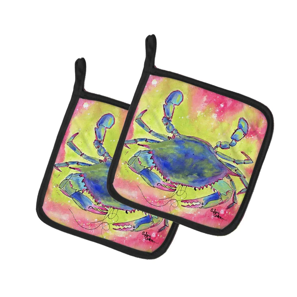 Pot Holder Set of 2 | Heat Resistant Quilted Hot Pads | 7.5 x 7.5 Inch | Blue Crab Bright Pink and Green
