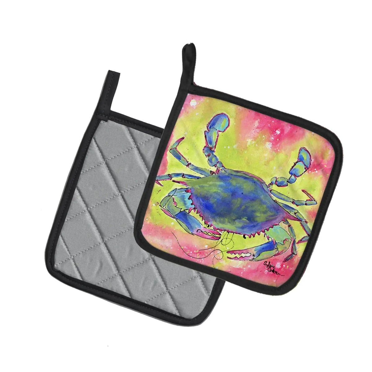 Pot Holder Set of 2 | Heat Resistant Quilted Hot Pads | 7.5 x 7.5 Inch | Blue Crab Bright Pink and Green