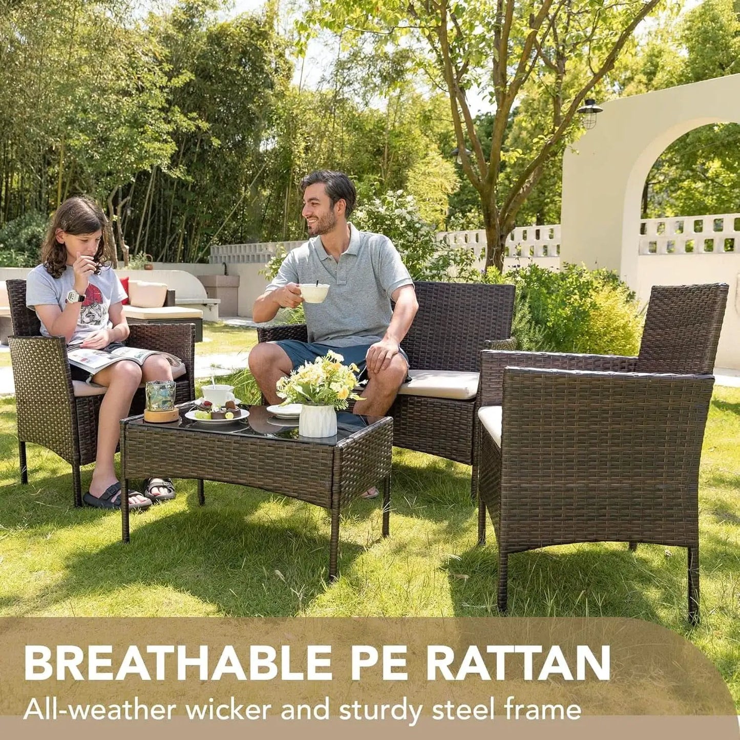 4 Piece PE Rattan Patio Furniture Set With Beige Cushions from PriceLows™