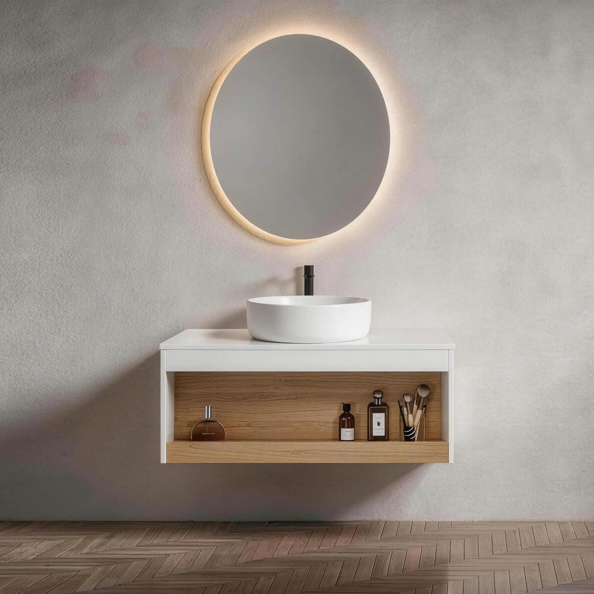 Floating Bathroom Vanity | Round Glossy Sink | Wall Mounted | Compact Design