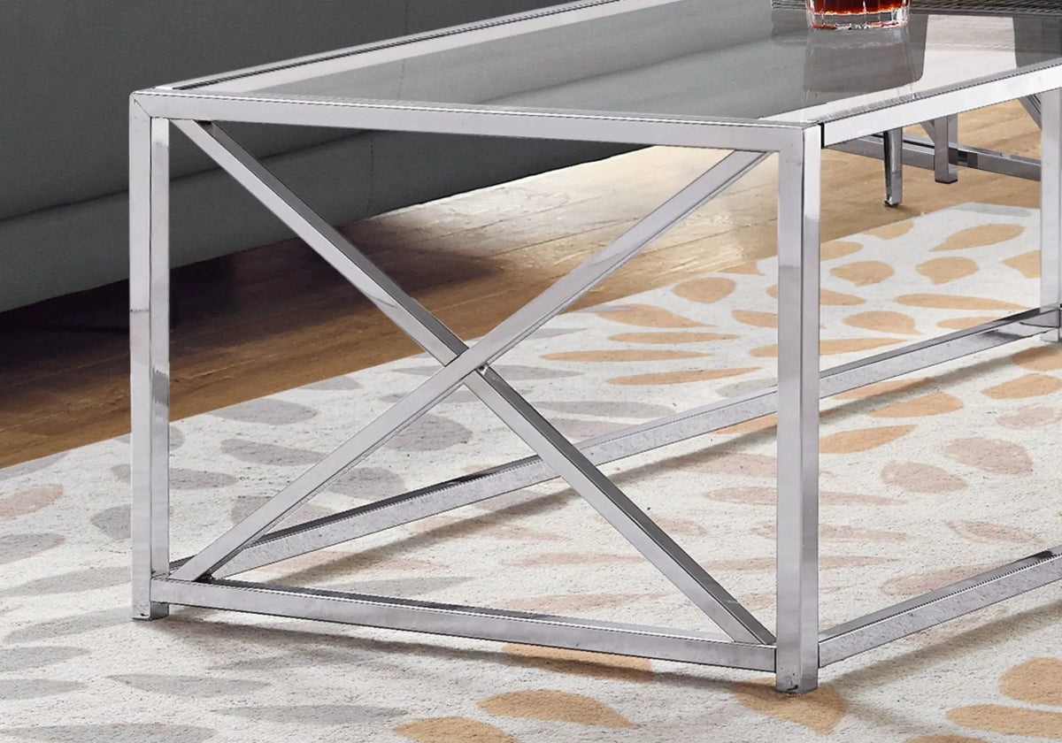 Rectangular Coffee Table | Chrome Base | Thick Clear Tempered Glass Top | X Accent Design