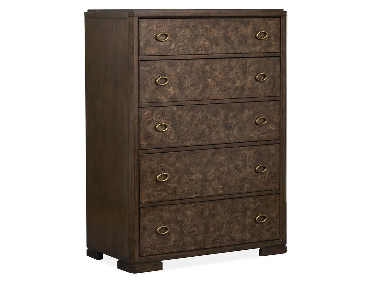 Rowan Drawer Chest | Espresso Finish | Mapa Burl And Birch Veneer | Five Storage Drawers