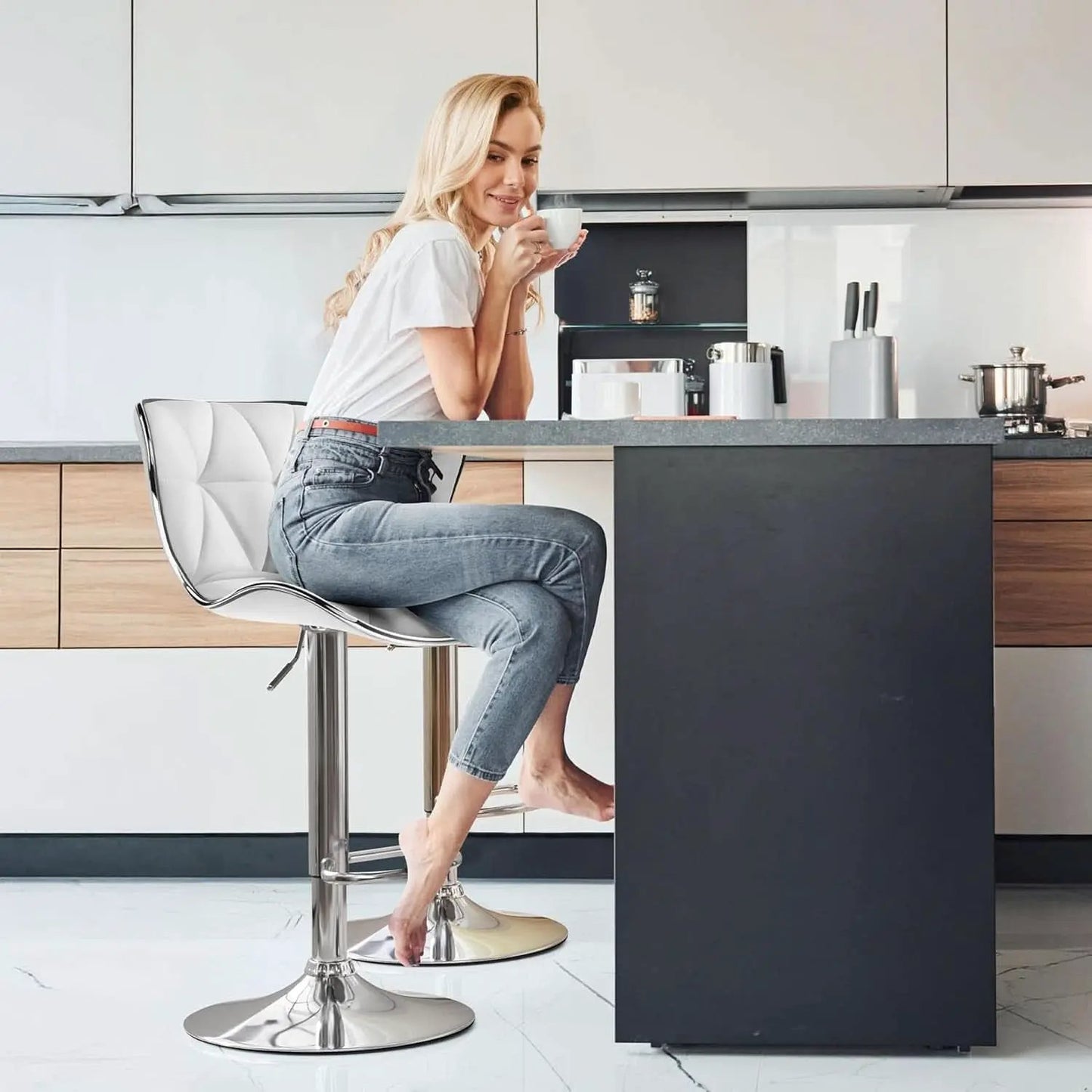 Bar Stools Set Of 2 White PU Leather Adjustable Swivel from PriceLows™