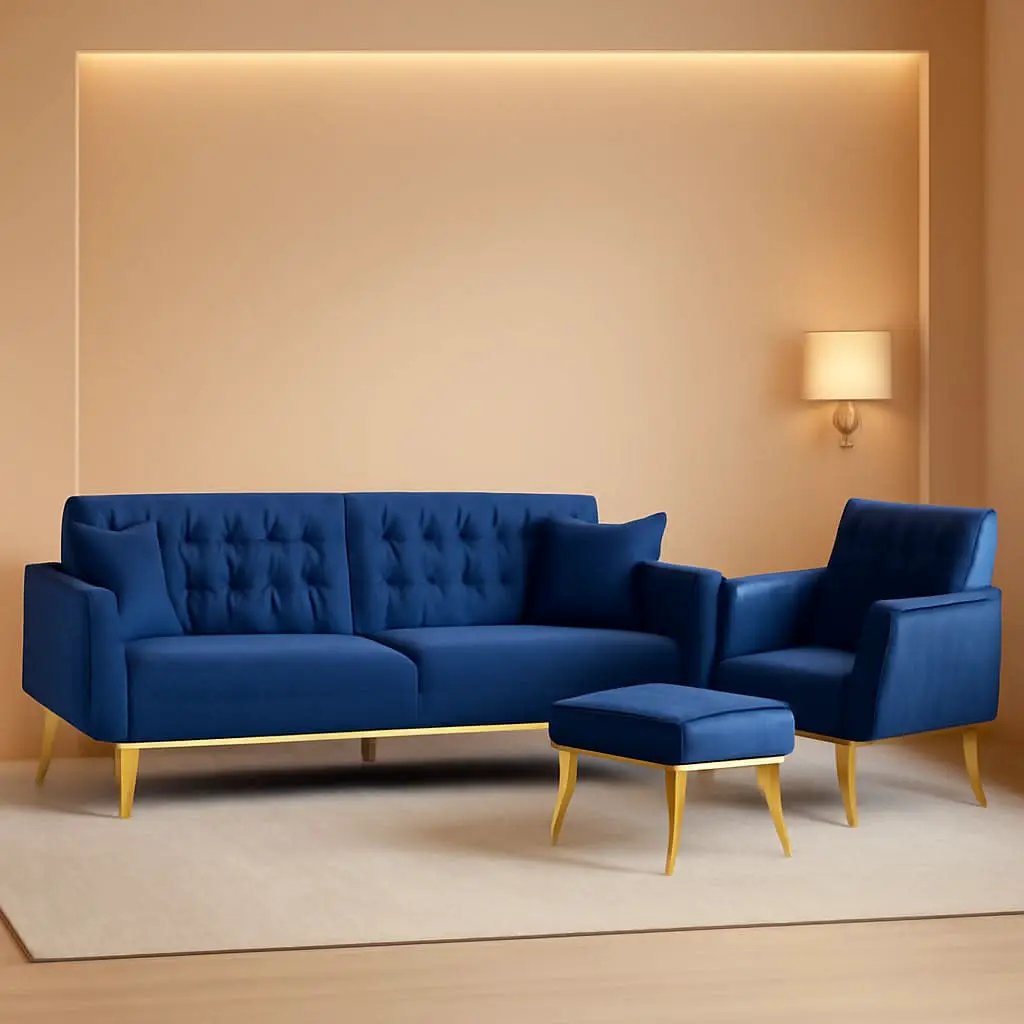 Velvet Futon Sofa Set Two Piece With Convertible Sofa Bed And Tufted Accent Chair In Blue from PriceLows™