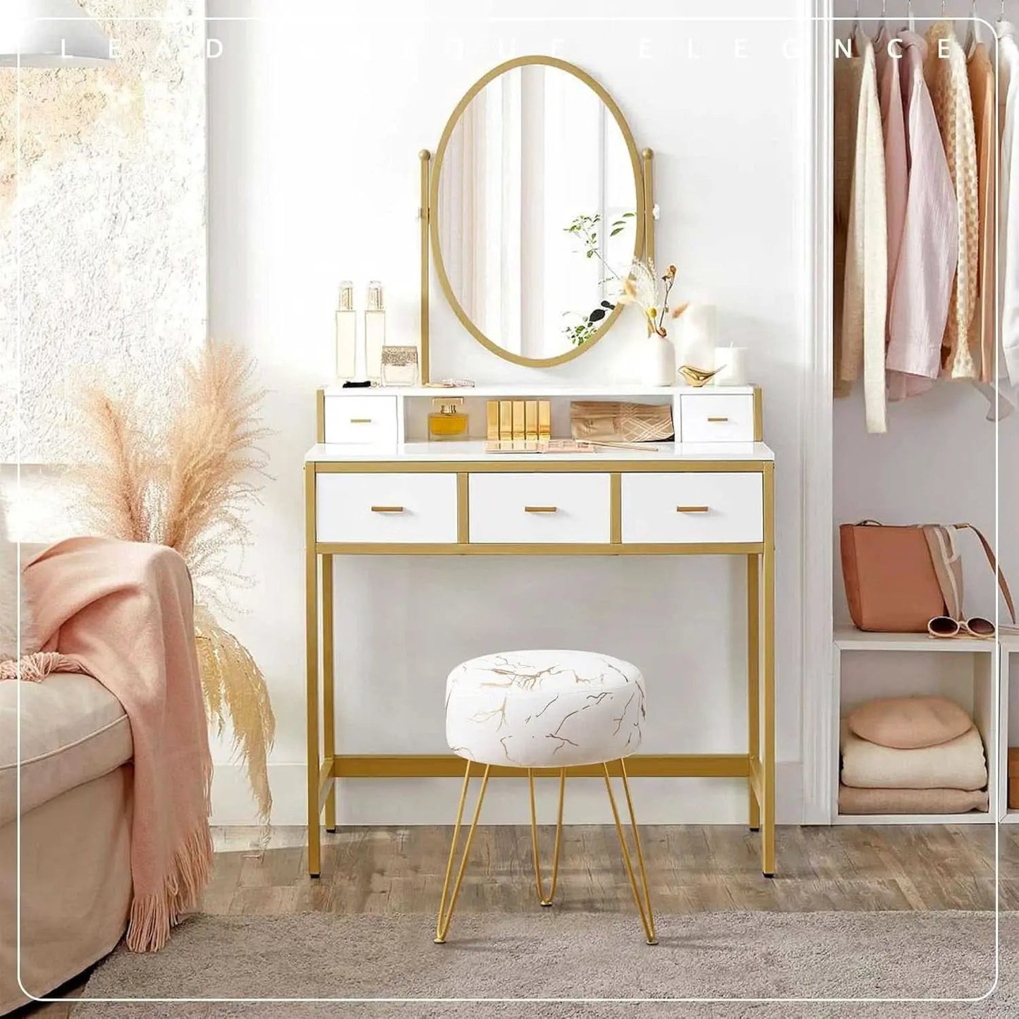 Gold Velvet Lux Vanity Stool 18Inch Round Plush Ottoman from PriceLows™