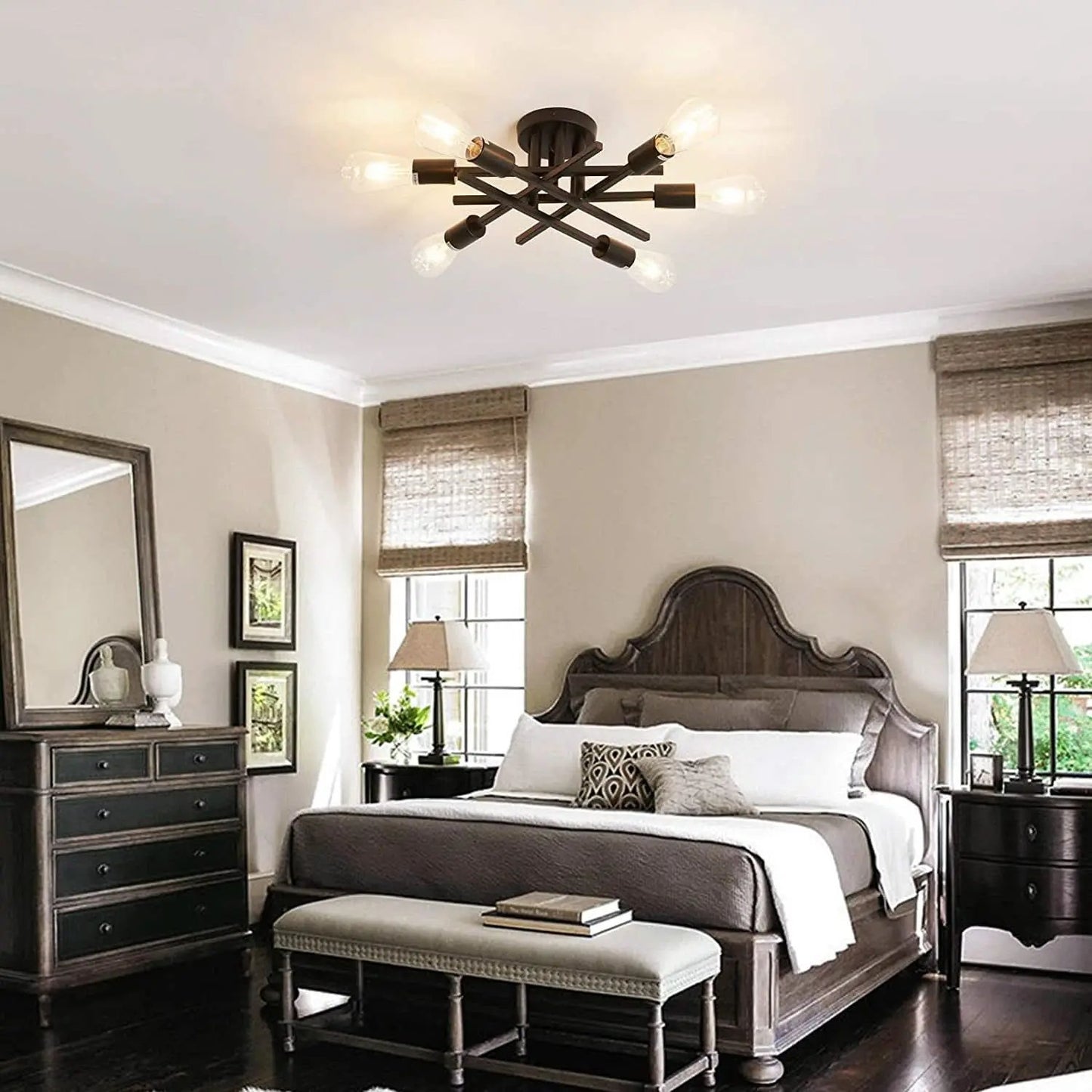 Six Light Black Matte Sputnik Chandelier Semi Flush Ceiling Light from PriceLows™