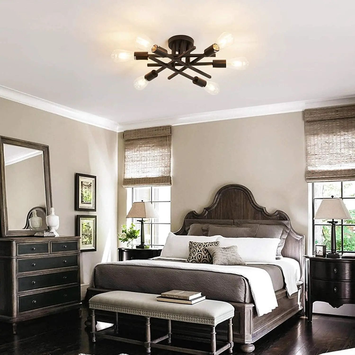 Six Light Black Matte Sputnik Chandelier Semi Flush Ceiling Light from PriceLows™