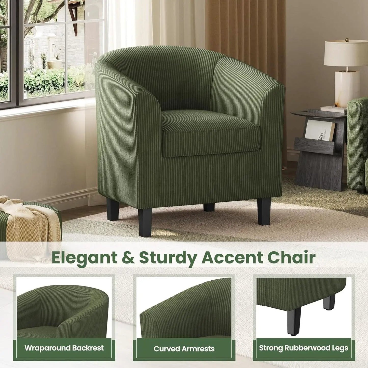 Corduroy Barrel Chairs Set of 2 Dark Green Upholstered from PriceLows™