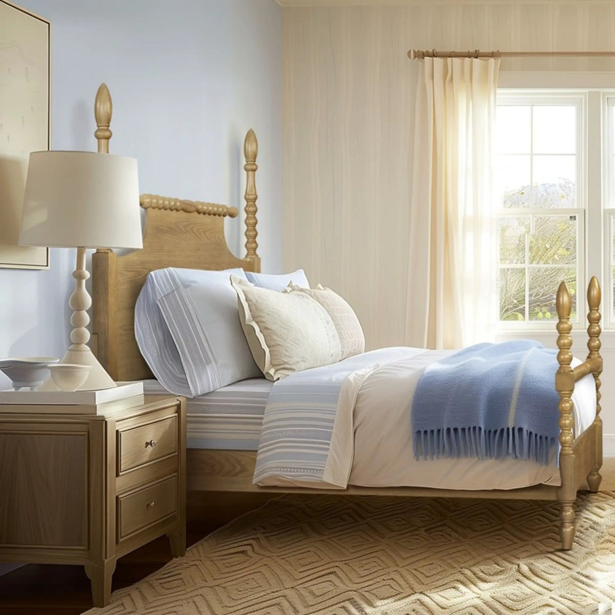 Queen Turned Leg Bed | Traditional Post Design | Solid Wood Frame | Natural Camel Oak Finish