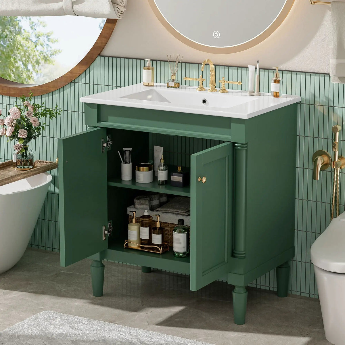 30 Inch Bathroom Vanity With Sink | Soft Close Doors | Carved French Detailing | Adjustable Shelf