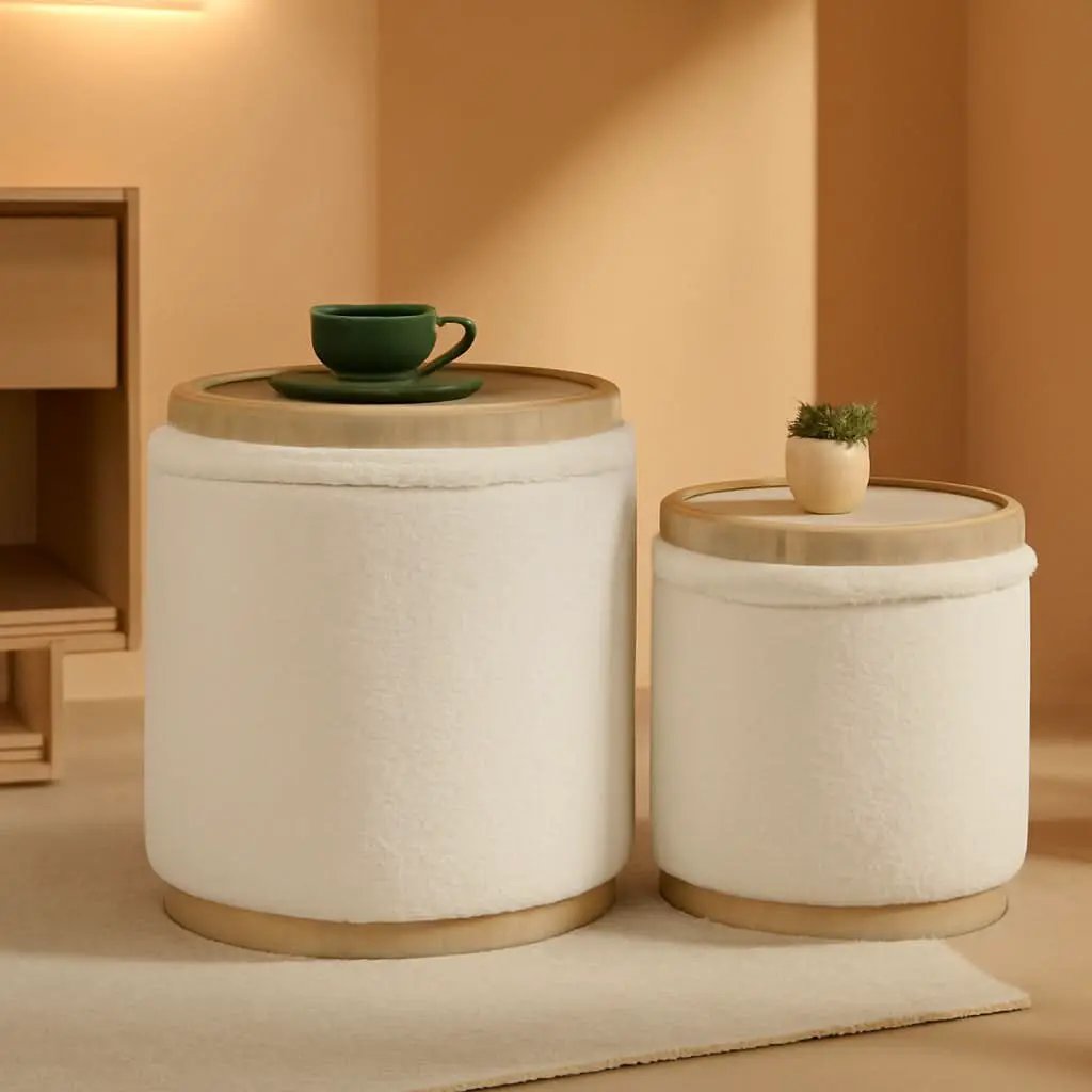White Velvet Round Storage Ottoman FifteenInches Compact from PriceLows™