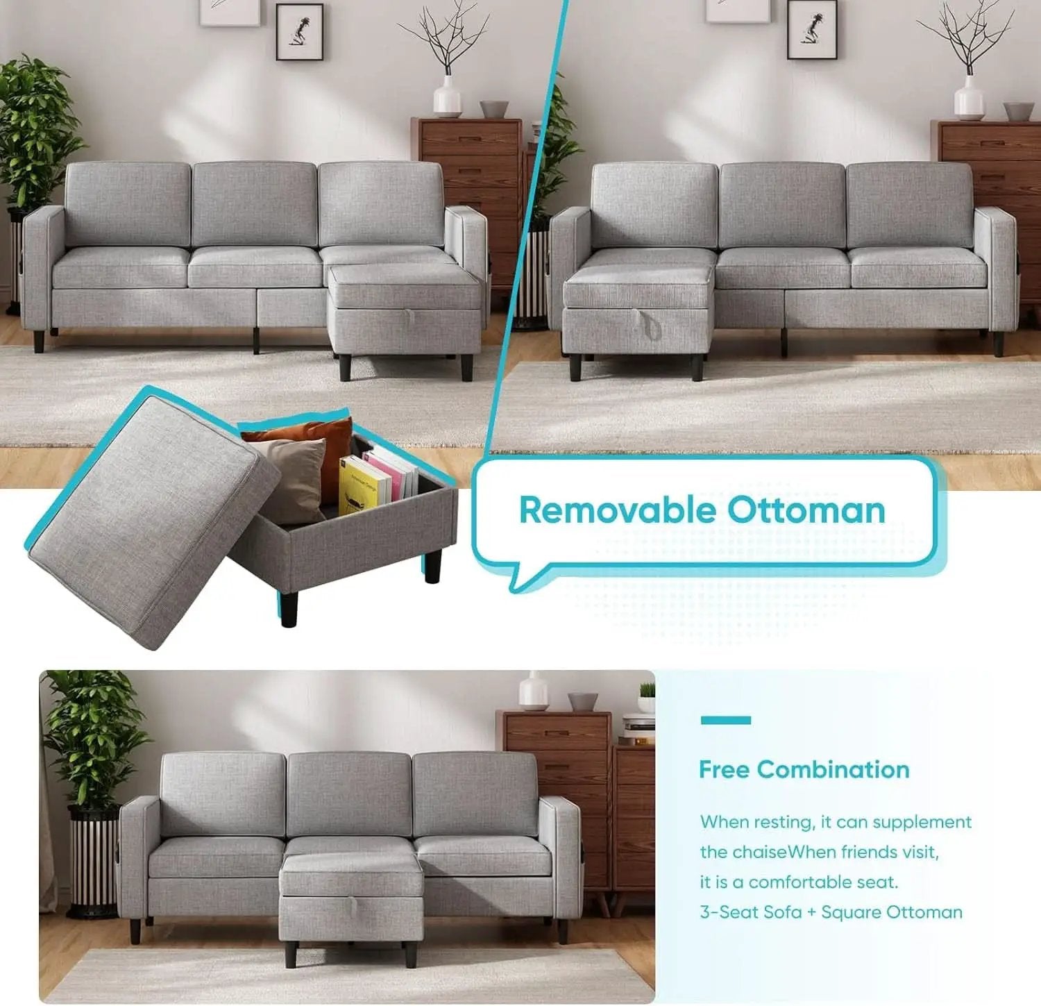 6 Seater Linen Fabric Sectional Sofa With Movable Storage Ottoman Light Grey from PriceLows™