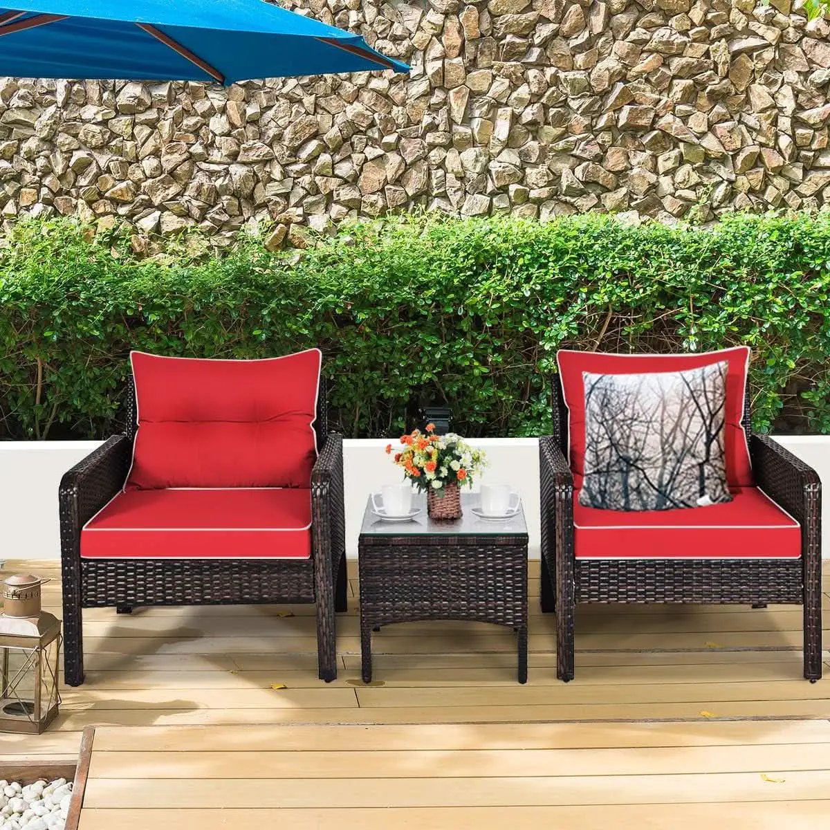 Red 3 Piece Outdoor Patio Furniture Set With Wicker Chairs And Glass Top Coffee Table from PriceLows™